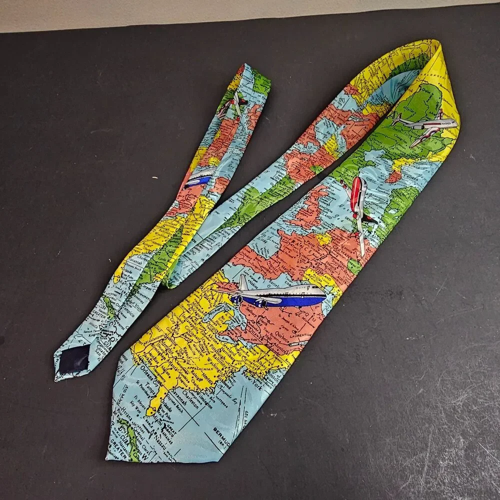 Fratello Handmade World Map Airplane Tie Made in Korea Excellent Preowned